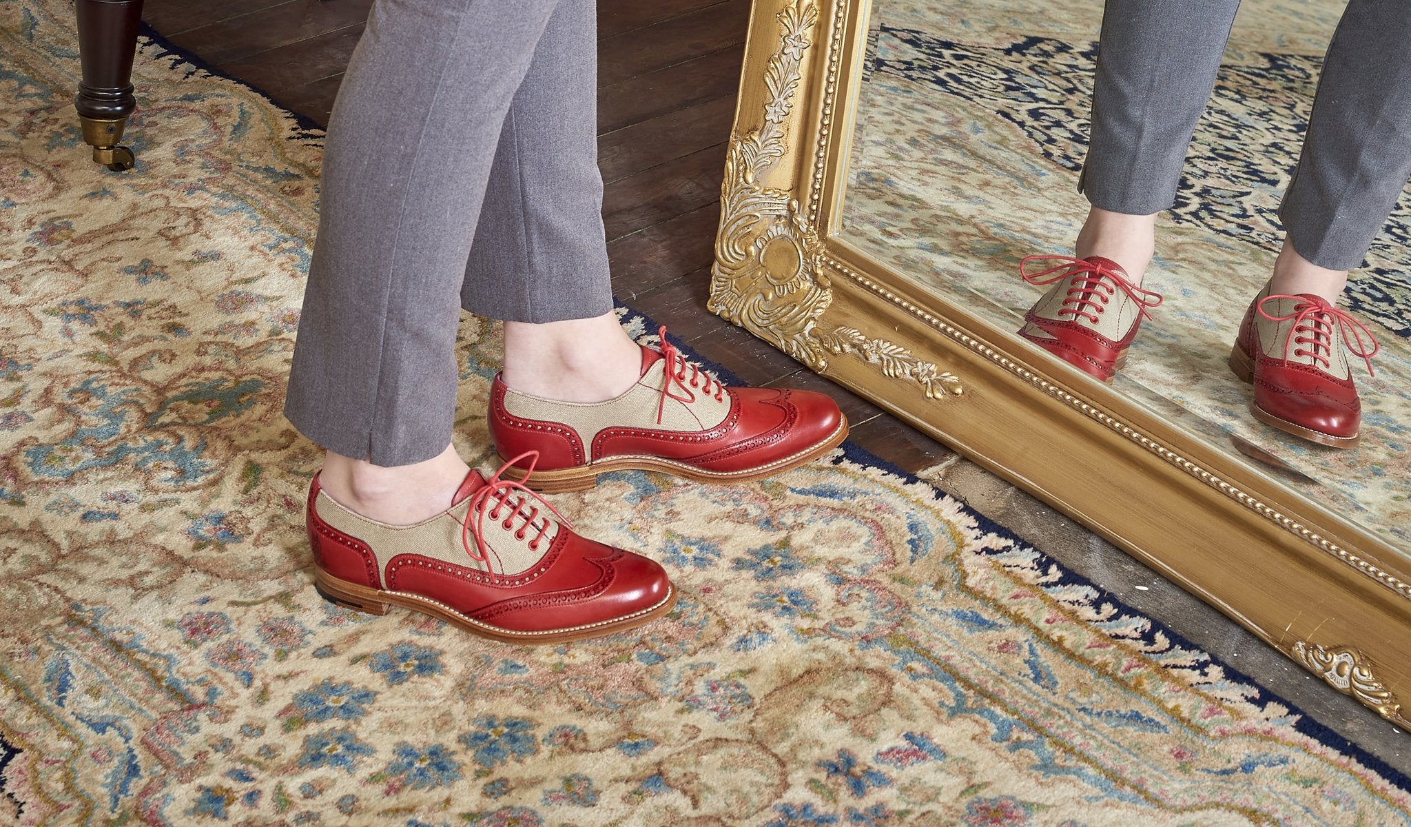Ali - Red Hand Painted / Grey Canvas Women Wingtip Shoe - Image 5